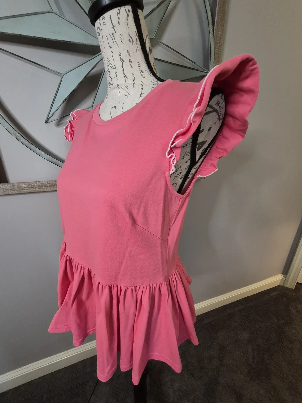 Kate Spade New York Cotton Peplum Ruffle Sleeve Tee Deep Dahlia Pink - S